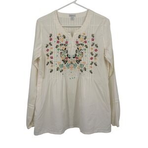 Relativity Womens White Cotton Embroidered Pintuck Long Sleeve Peasant Blouse S